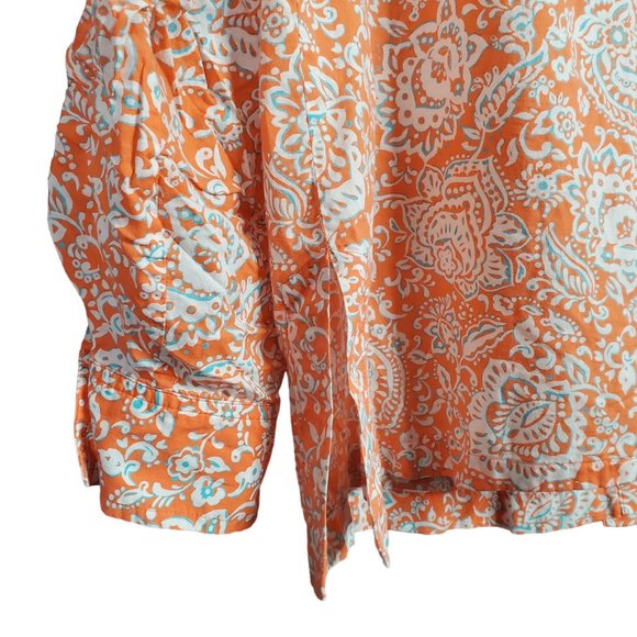 JNY Signature Sz XL Blouse Button Front Floral Roll Tab Cotton Side Vents Orange - Picture 13 of 14